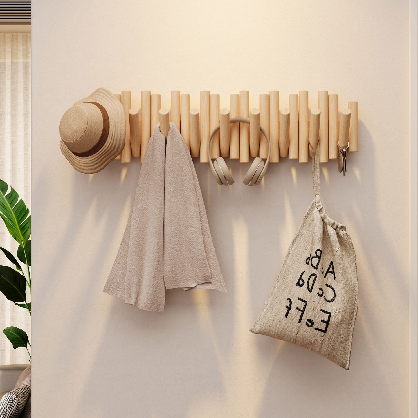 实木钢琴键挂衣架墙上壁挂衣钩卧室玄关入户门后置物免打孔衣帽架