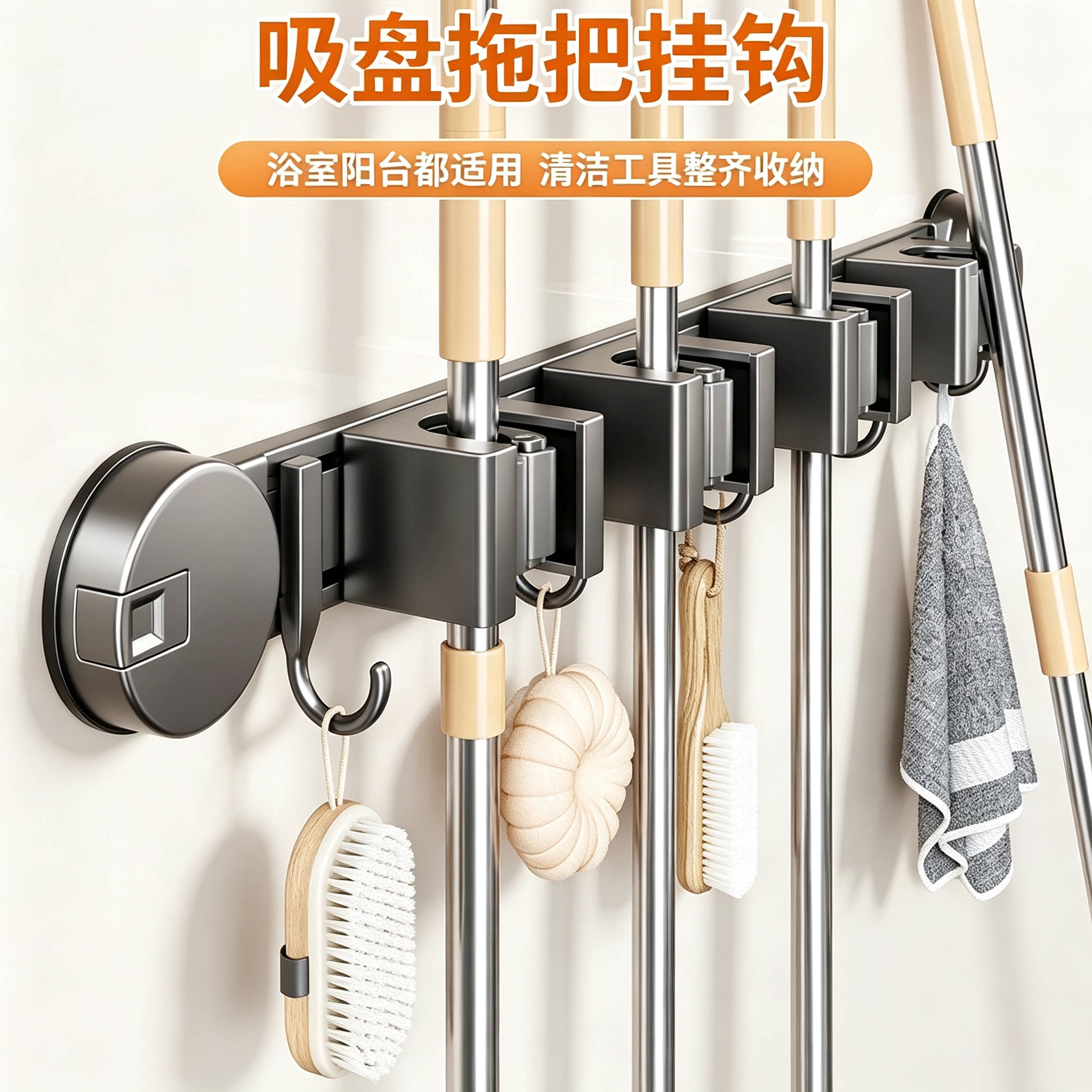 吸盘式拖把夹免打孔壁挂收纳架家用卫生间清洁工具整理挂钩