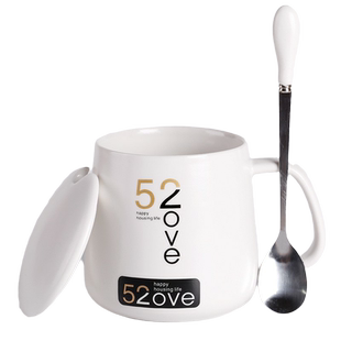 日式燕麦片碗早餐杯带盖勺子带勺大肚可爱办公室可微波陶瓷水杯子