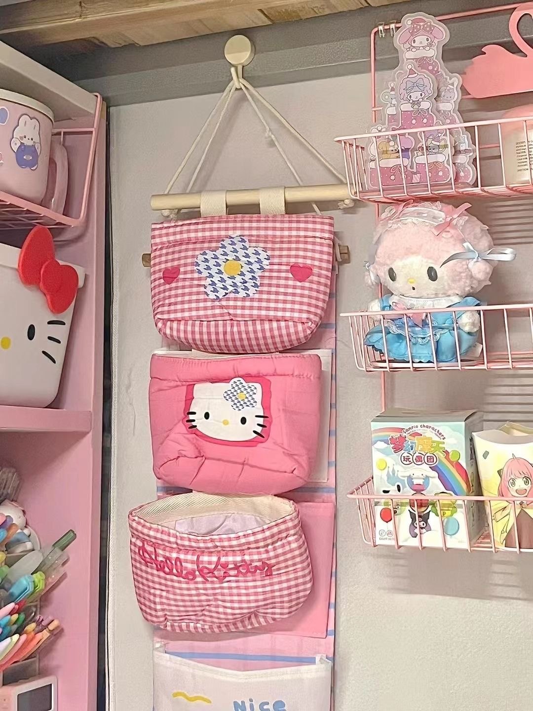 kitty收纳挂袋墙上整理袋挂墙收纳布袋可爱纽扣可拆卸diy