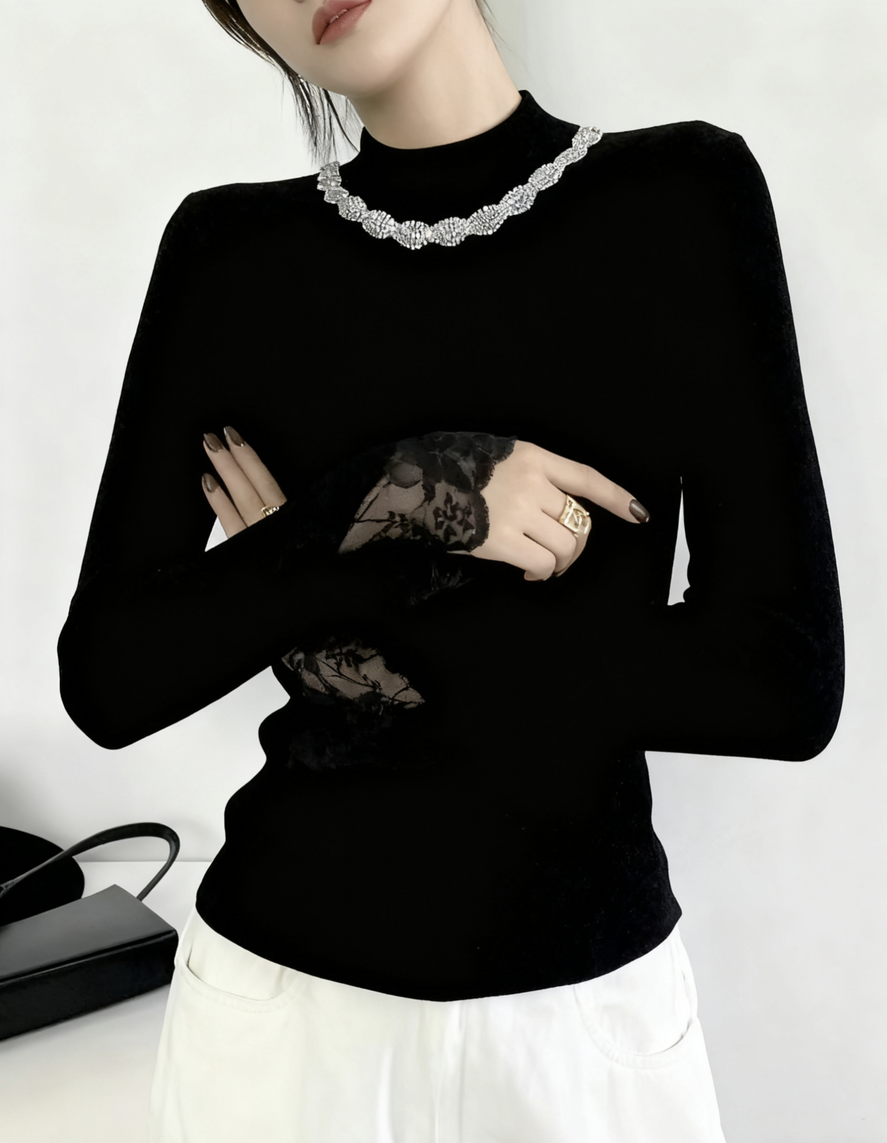 小众设计感重工镶钻领口长袖蕾丝2025新款纯色针织衫简约精致上衣