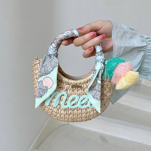 定制字母ins夏季 泰国迷你度假手提斜跨草编包编织包海边出游包女