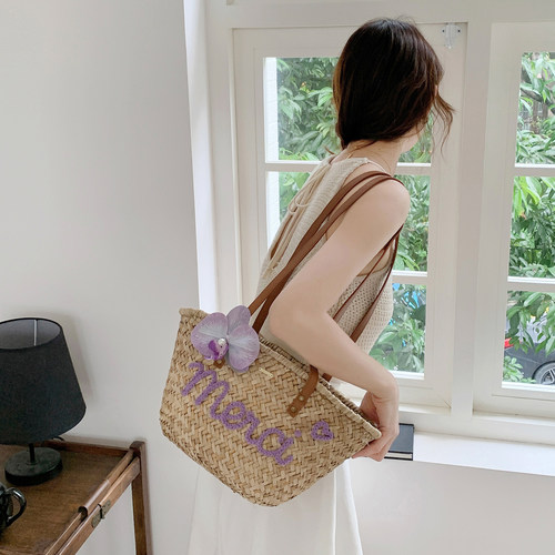 大容量ins法式草编包可定制字母