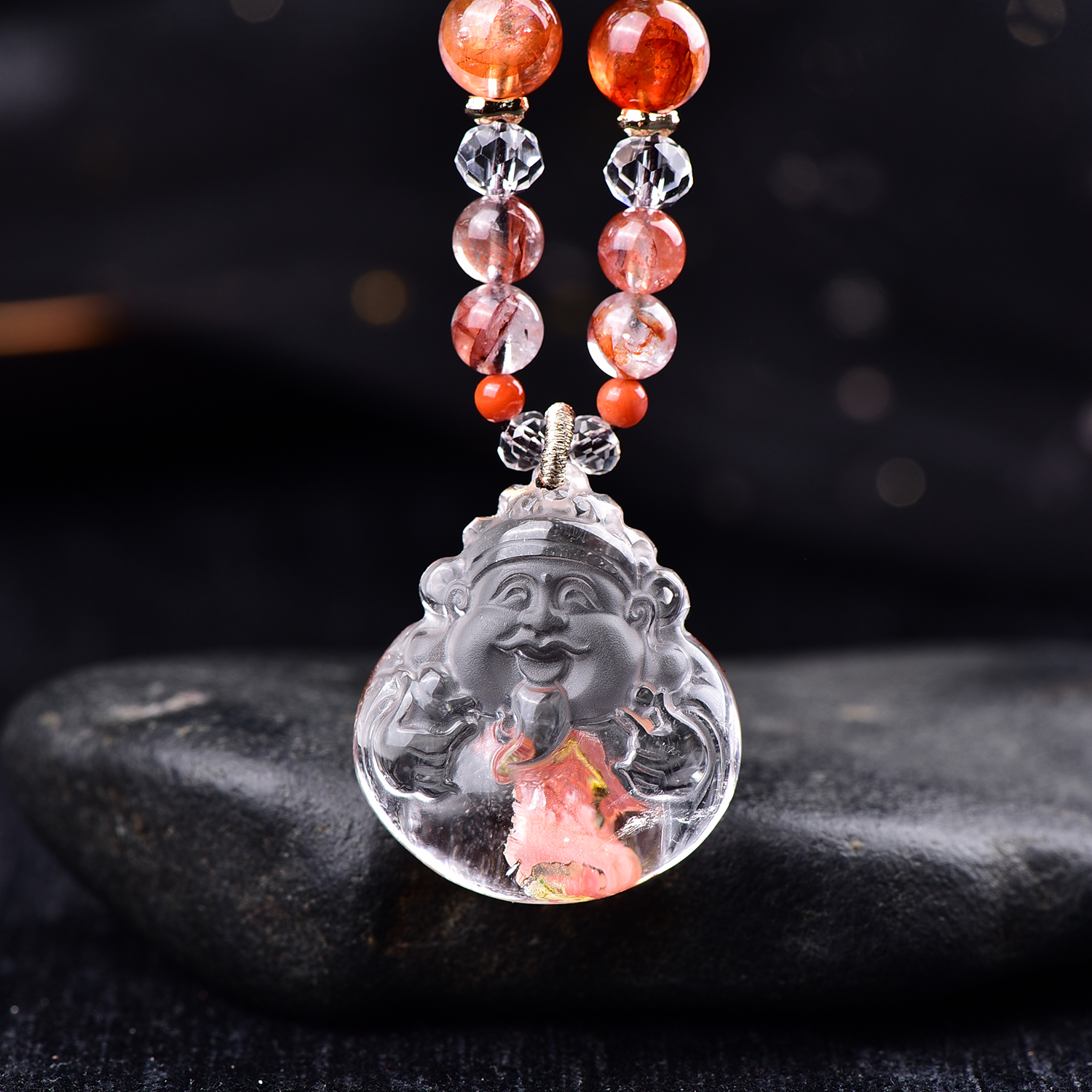 天然红胶花财神小吊坠精致立体水晶黄财神男女项链