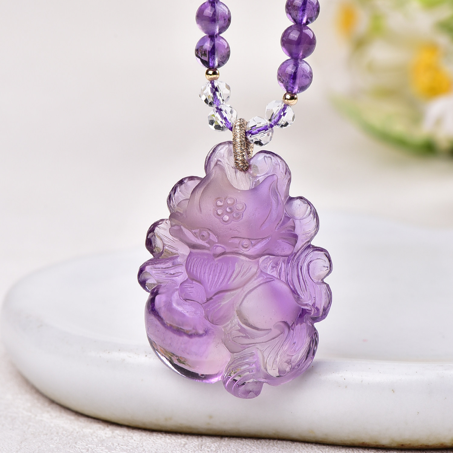 天然紫水晶九尾狐小吊坠手工雕刻立体可爱紫晶狐狸原创设计项链