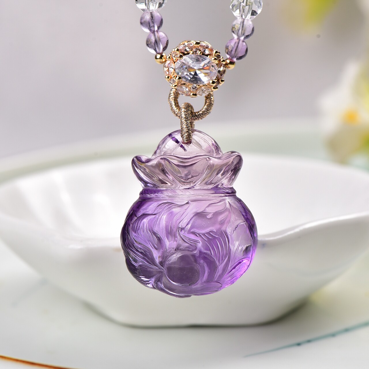 天然紫水晶九尾狐小吊坠精致立体可爱紫晶钱袋子狐狸原创设计项链