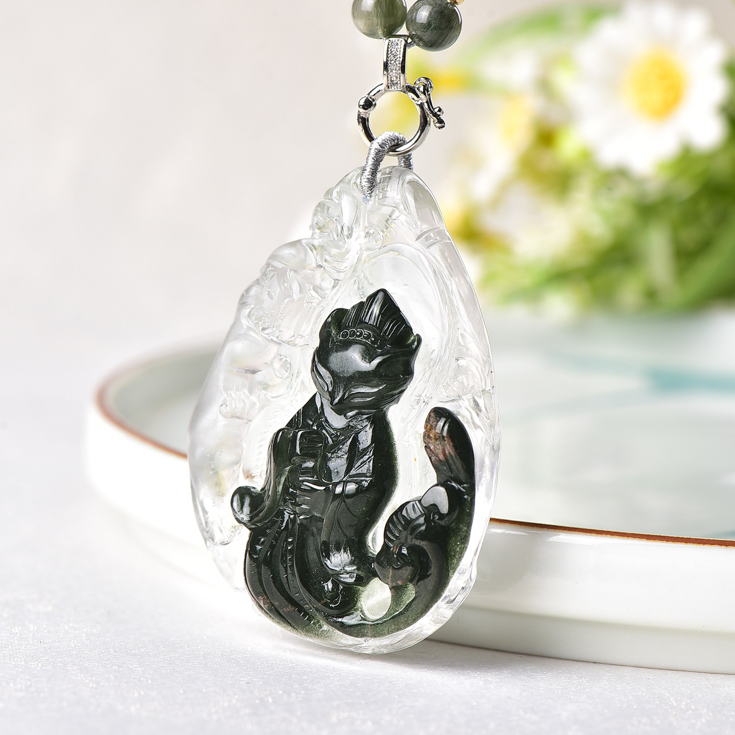 新款现货天然绿幽灵九尾狐大吊坠手工精雕水晶狐狸貔貅毛衣链