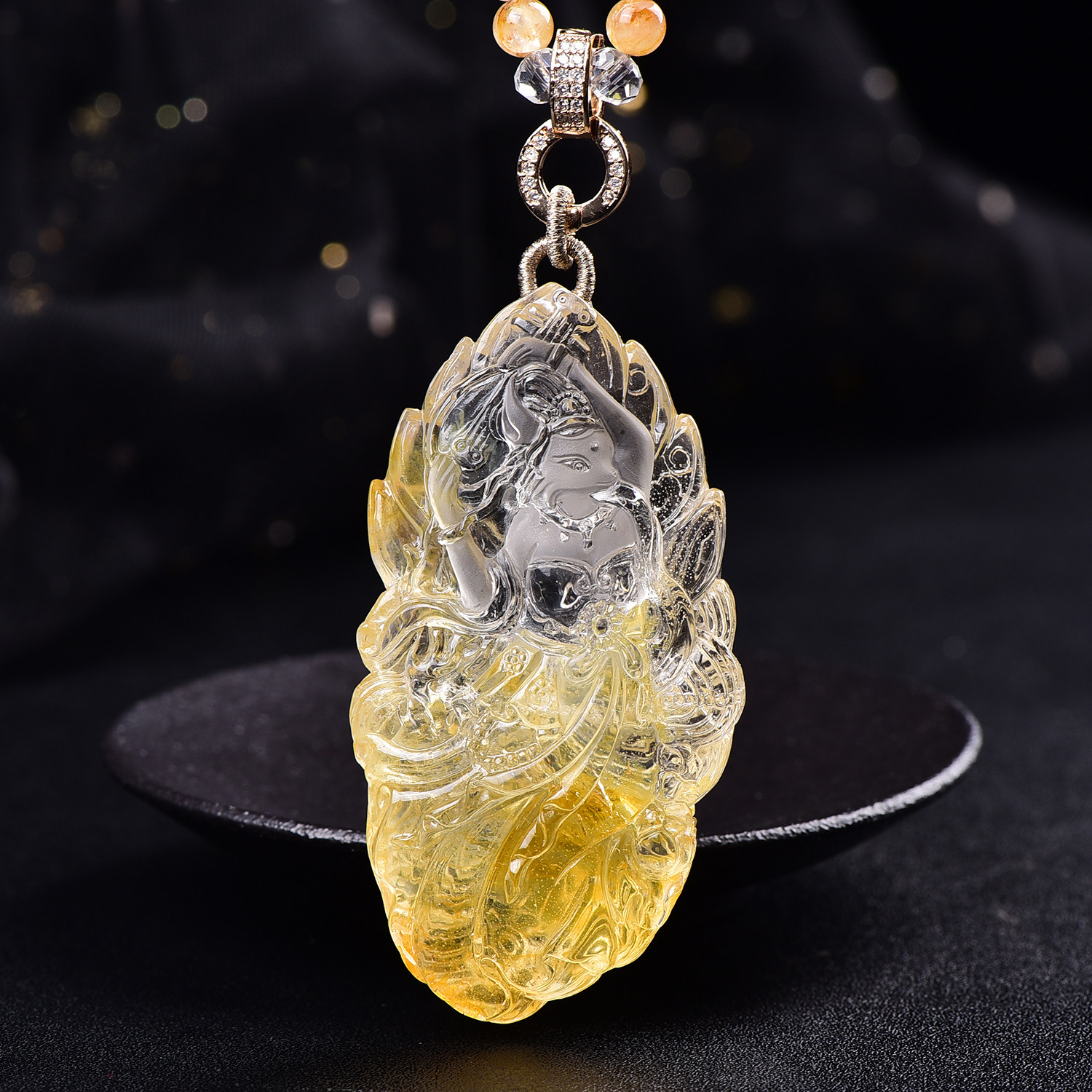 天然黄胶花九尾狐大吊坠手工精雕精品胶花水晶狐狸原创设计毛衣链