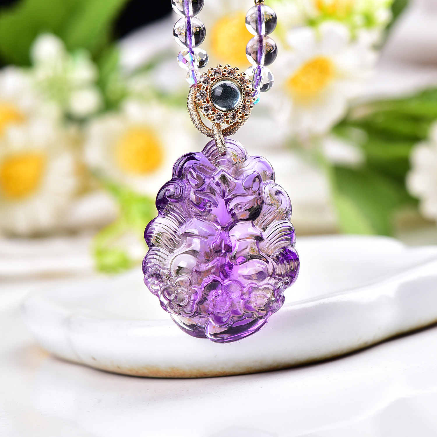 天然巴西紫水晶九尾狐吊坠手工雕刻立体紫晶狐狸原创设计女生项链