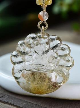 新款现货天然金发晶幽灵共生水晶九尾狐吊坠精致立体可爱水晶狐狸