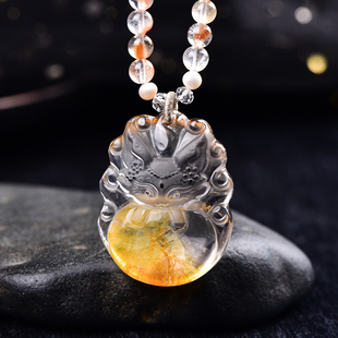 天然黄胶花九尾狐小吊坠手工精雕立体可爱水晶萌狐狸原创设计项链