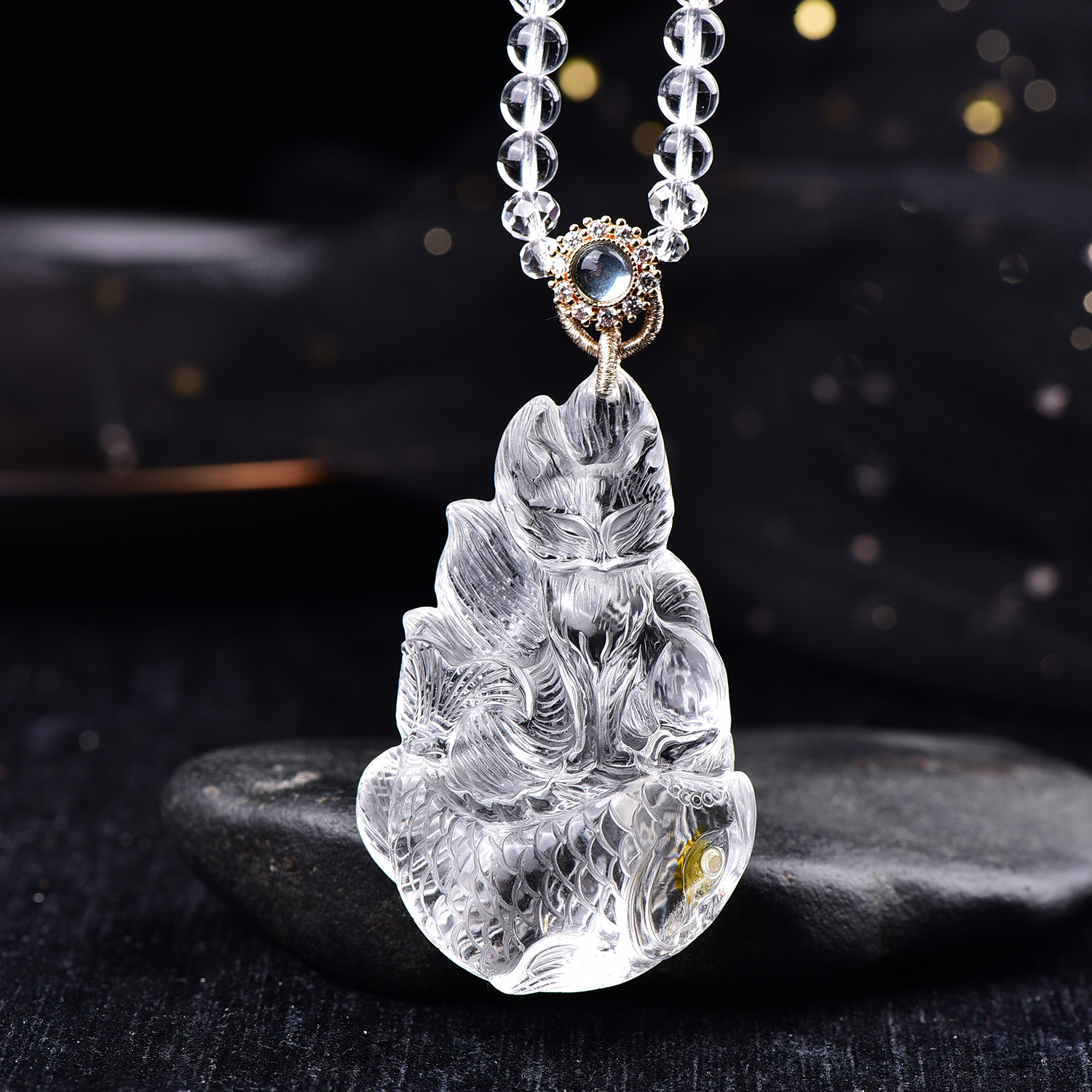 天然黄胶花九尾狐大吊坠俏色七彩胶花水晶狐狸原创设计毛衣链