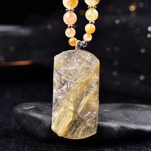 天然金发晶九尾狐大吊坠手工雕刻立体顺发金发晶水晶狐狸原创设计