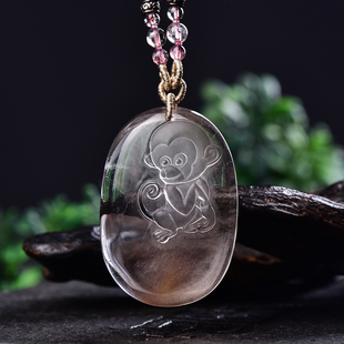 天然发晶猴子吊坠精致可爱水晶生肖猴子幽灵水晶生肖兔子男女项链