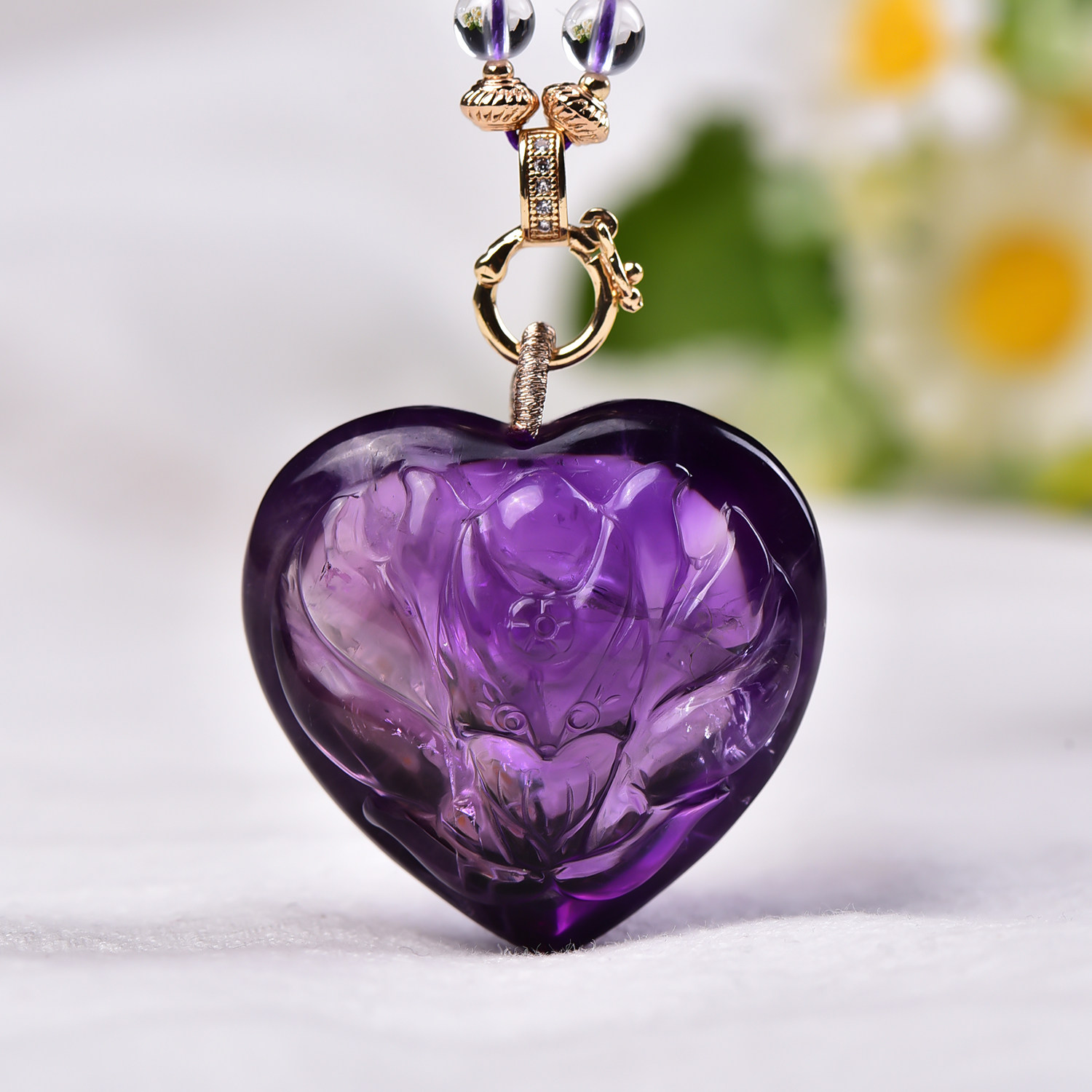 天然紫水晶九尾狐小吊坠手工精雕立体可爱紫晶狐狸女生项链