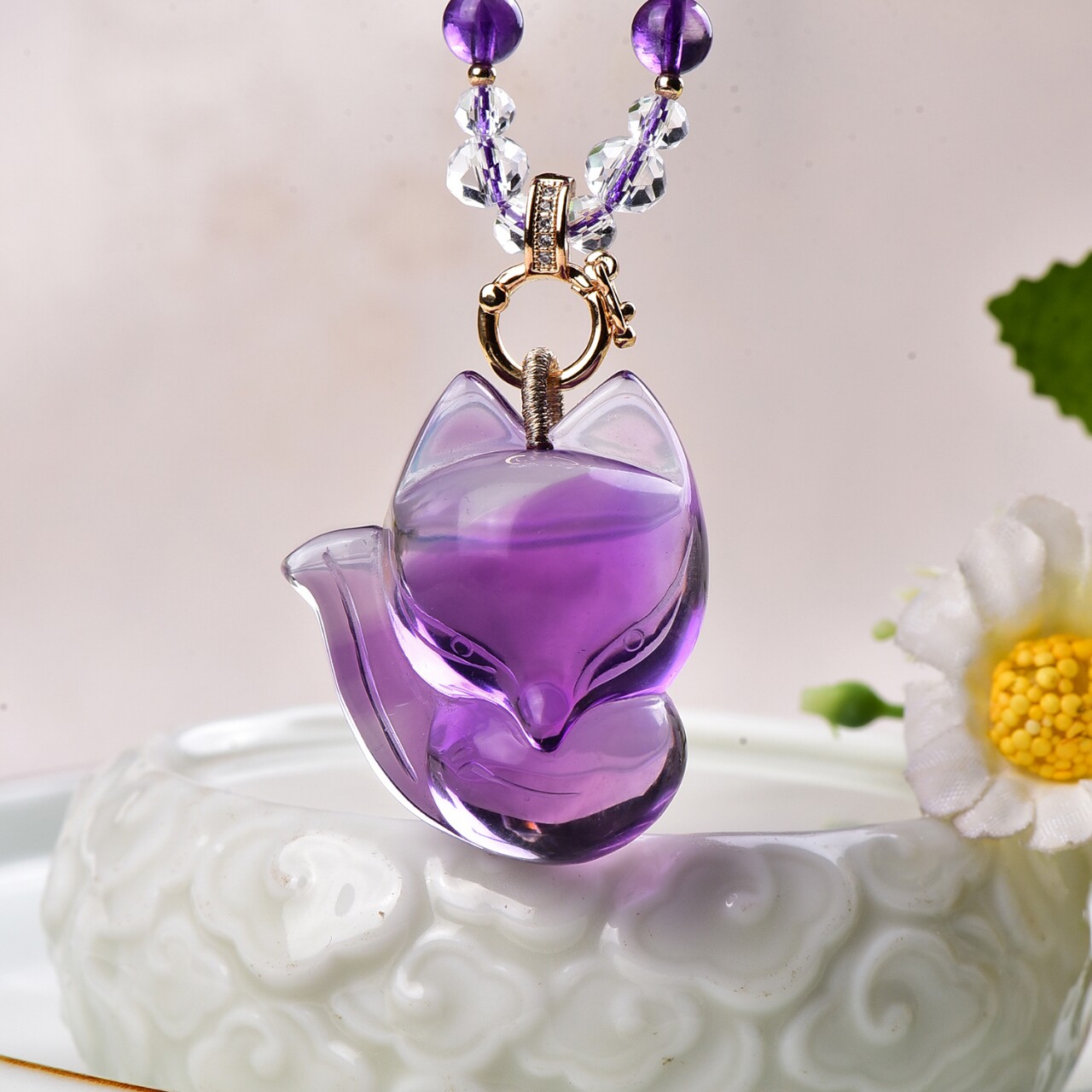 新款现货天然紫水晶狐狸小吊坠手工精雕立体可爱紫晶大头狐狸项链