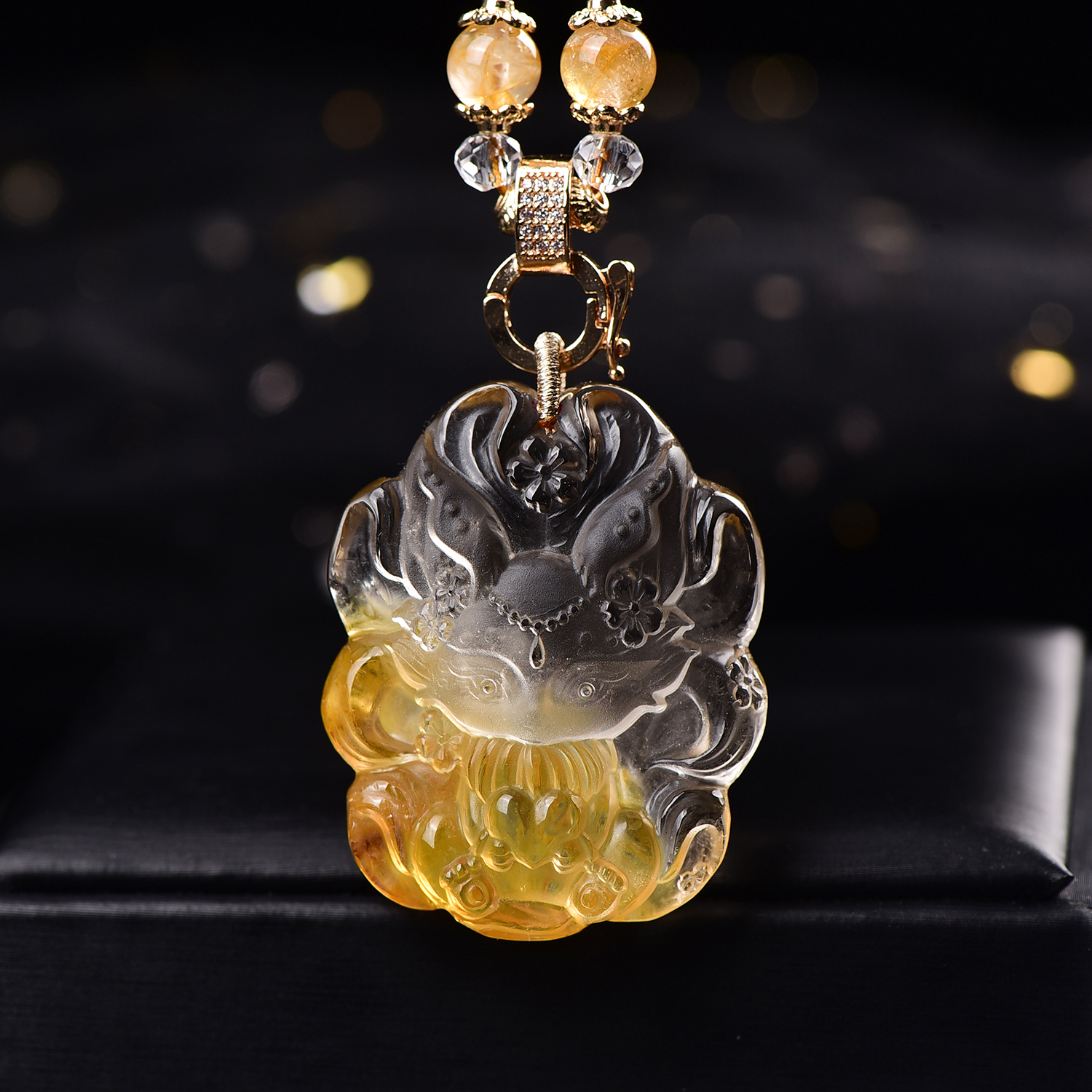 天然黄胶花九尾狐大吊坠精致立体可爱水晶萌狐狸原创设计项链