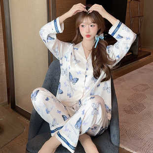 可爱蝴蝶可外穿家居服套装 真丝睡衣女夏天新款 长裤 少女春秋季 长袖