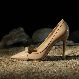 32-45码裸色高跟鞋女细跟甜美蝴蝶结2024年新款漆皮法式尖头单鞋