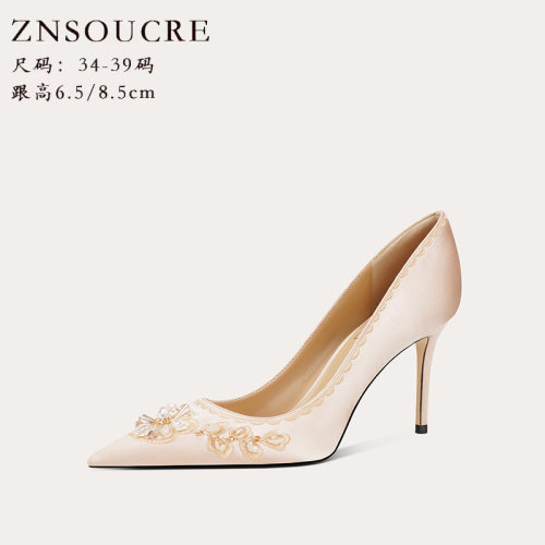 轻奢法式刺绣羊皮细高跟女鞋