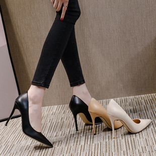 真皮32-45码黑色高跟鞋职业工作鞋气质细跟不累脚舒适软皮单鞋女