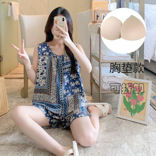可拆卸棉绸背心短裤带胸垫女