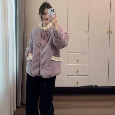 单件上衣加绒夹棉加厚雪尔绒韩系小碎花棉袄棉衣可外穿外套睡衣家