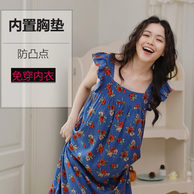 2025睡裙女夏季超薄棉绸透气自带胸垫免穿内衣可爱少女碎花连衣裙