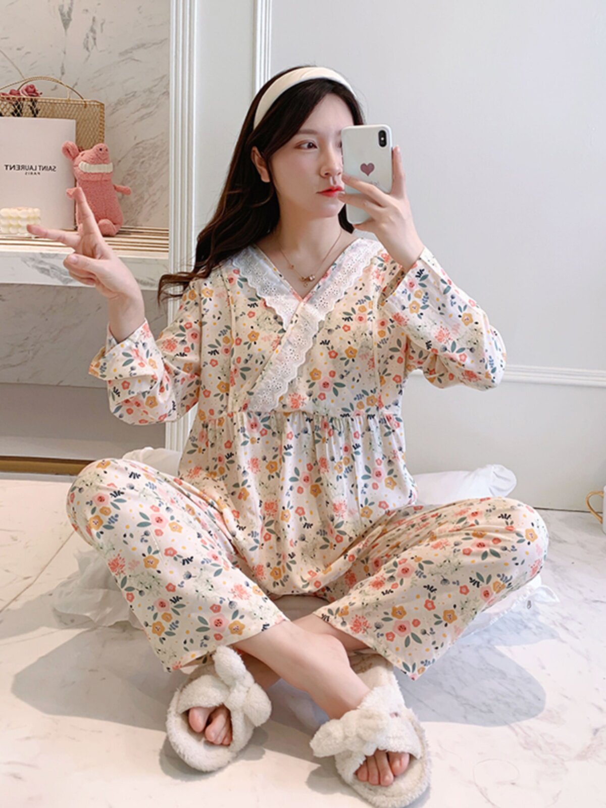 봄 가을 여름 출산 면 실크 감금 의류 산모 초박형 면 실크 긴 소매 간호 의류 산후 여름 잠옷