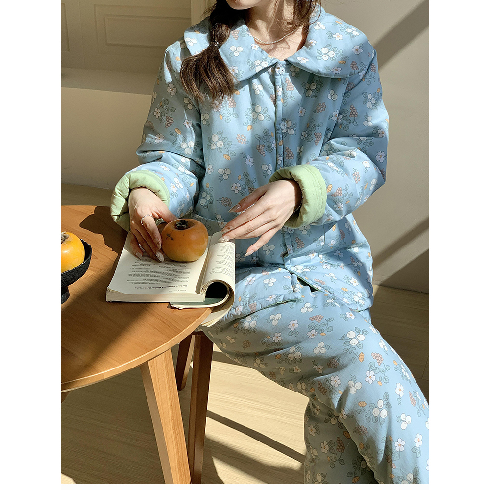 抗寒零下10度小碎花纯棉夹棉棉花加厚可外穿睡衣套装家居服保暖