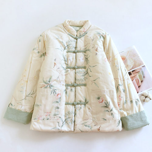 清新淡雅可外穿国风棉服新中式花棉袄夹棉加厚新疆长绒棉花冬季