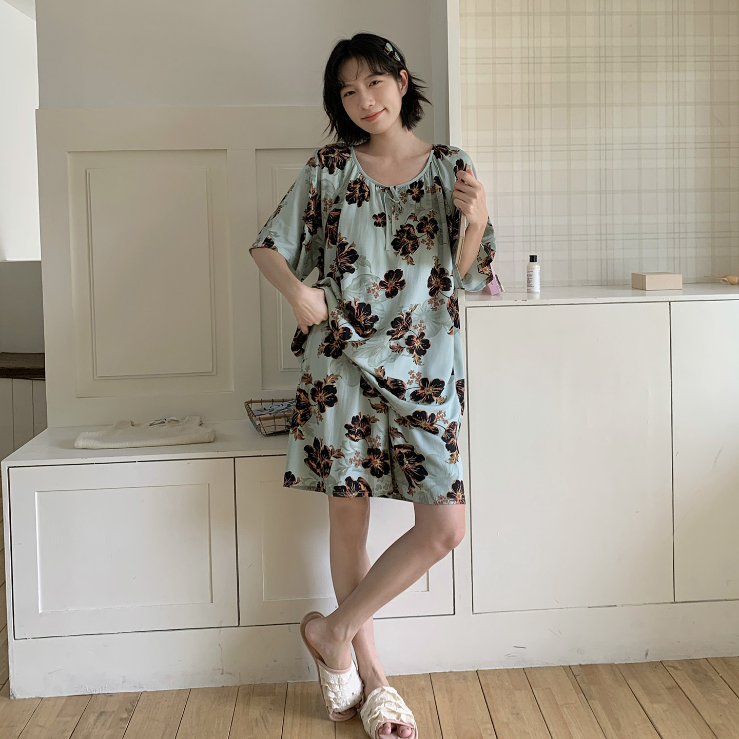 自带胸垫免穿内衣清爽棉绸睡衣女短袖短裤凉快家居服套装可外穿