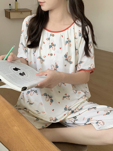 绵绸睡衣女士夏季短袖中裤学生宿舍少女内衬放凸点卡通可爱人造棉