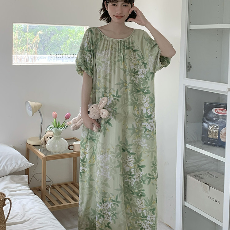 有口袋2025年新款棉绸睡裙女夏季短袖长款睡裙可外穿家居裙人造棉