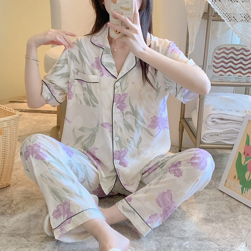 棉绸睡衣妈妈套装女两件套装
