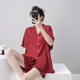经典红波点可外穿睡衣女夏季超薄凉快家居服棉绸人造棉套装宽松