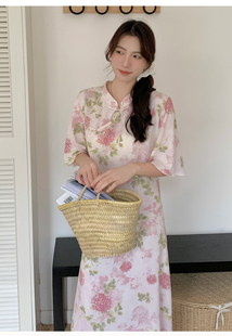 2024夏季心坎旗袍式睡裙古风国风可外穿连衣裙加长款长裙棉绸睡衣