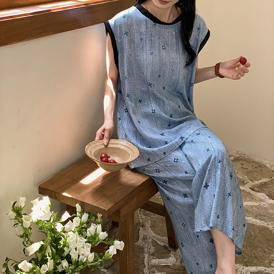 凉感宽松轻盈背心八分裤棉绸睡衣女夏季凉快可外穿家居服套装