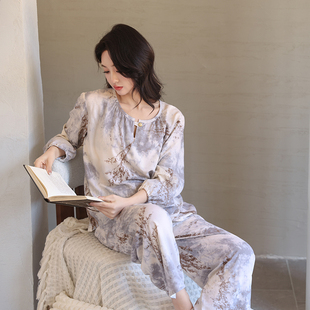 春秋夏季长袖长裤睡衣女棉绸新中式国风套装家居服人造棉绵绸