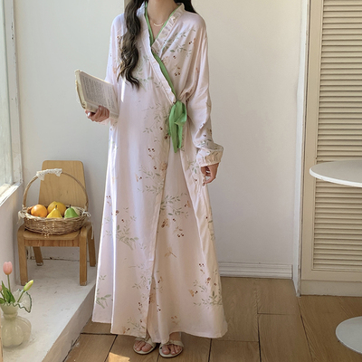 女士长袖睡裙棉绸春秋夏季四季通用新中式连衣裙加长款人造棉裙