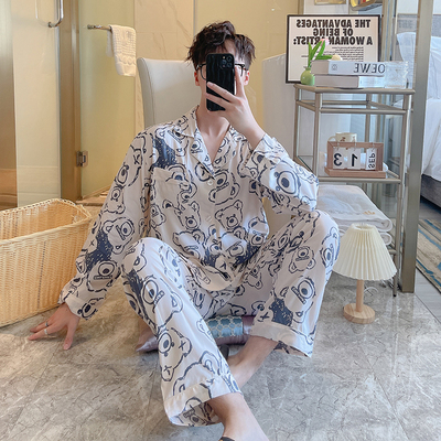 轻薄透气睡衣男夏长袖超薄棉绸青少年家居服春秋夏季男士套装