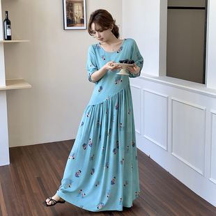 可外穿有腰带棉绸睡裙女短袖加长款到脚踝凉快裙子家居裙宽松