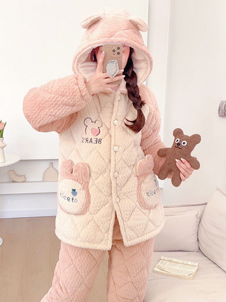 睡衣女冬季加绒加厚三层夹棉可爱少女卡通款珊瑚绒连帽家居服套装