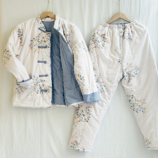 纯棉花可外穿睡衣新中式国风棉服纯棉夹棉三层加厚保暖套装冬天