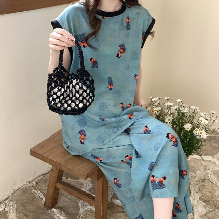 可外穿棉绸睡衣女八分裤阔腿裤宽松夏季凉快家居服套装人造棉时尚