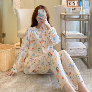 2025年新款春秋夏季棉绸睡衣女士长袖长裤薄款夏天凉快月子服套装