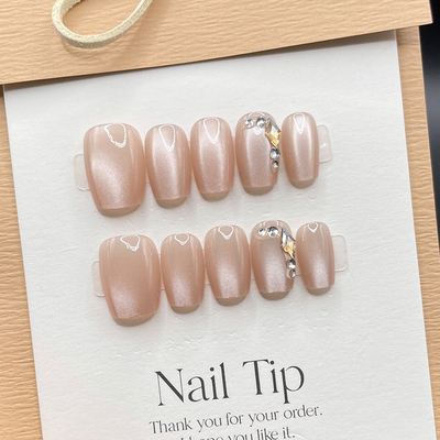 祼色纯手工带钻法式显白穿戴式美甲贴片猫眼小众高级感假指甲短款
