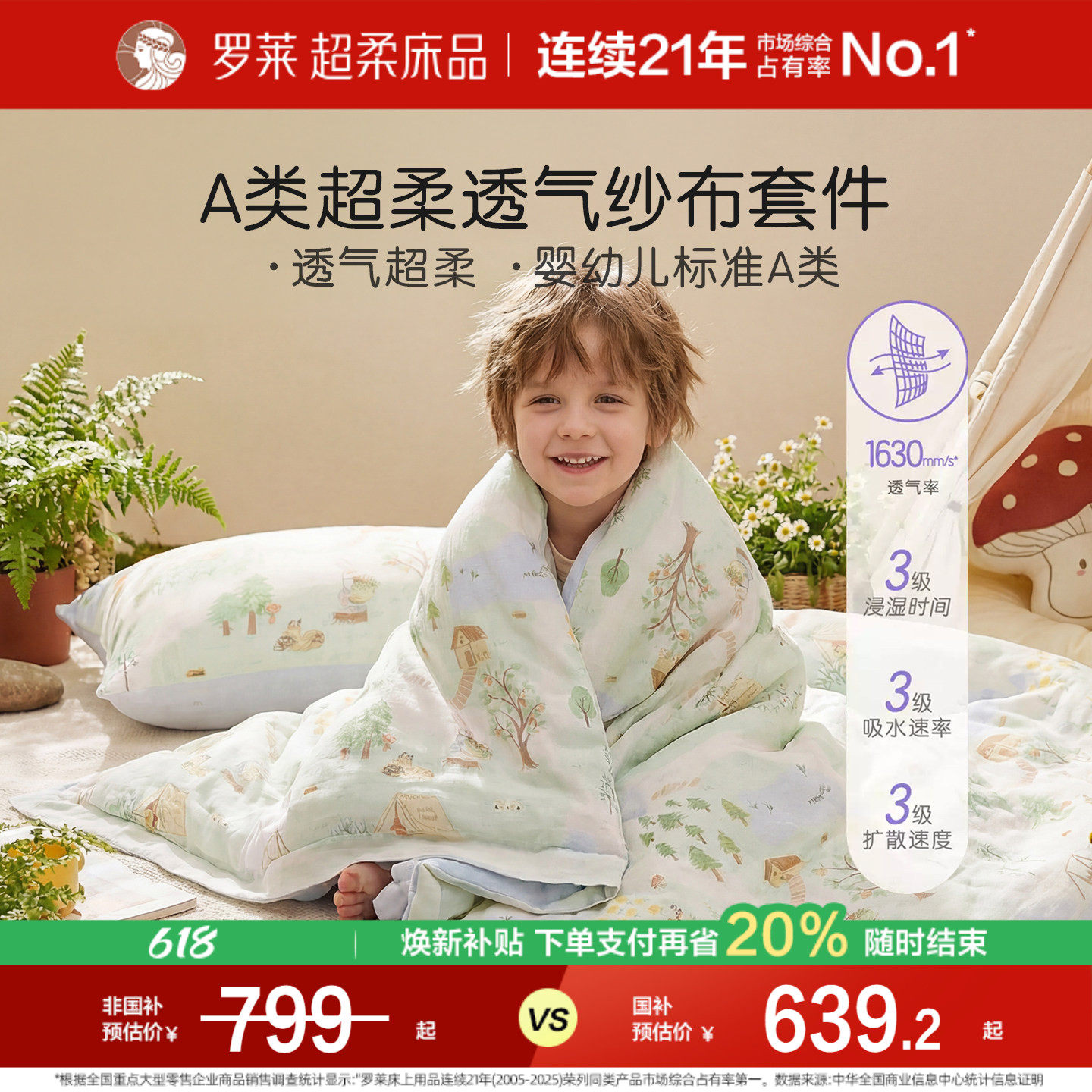 罗莱家纺儿童26新款天丝双柔纱套件婴幼儿A类被罩学生床上四件套
