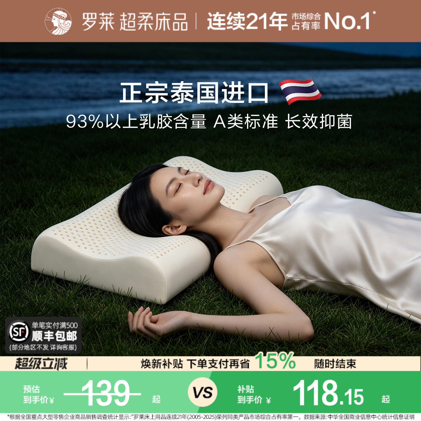罗莱家纺A类泰国进口乳胶枕学生