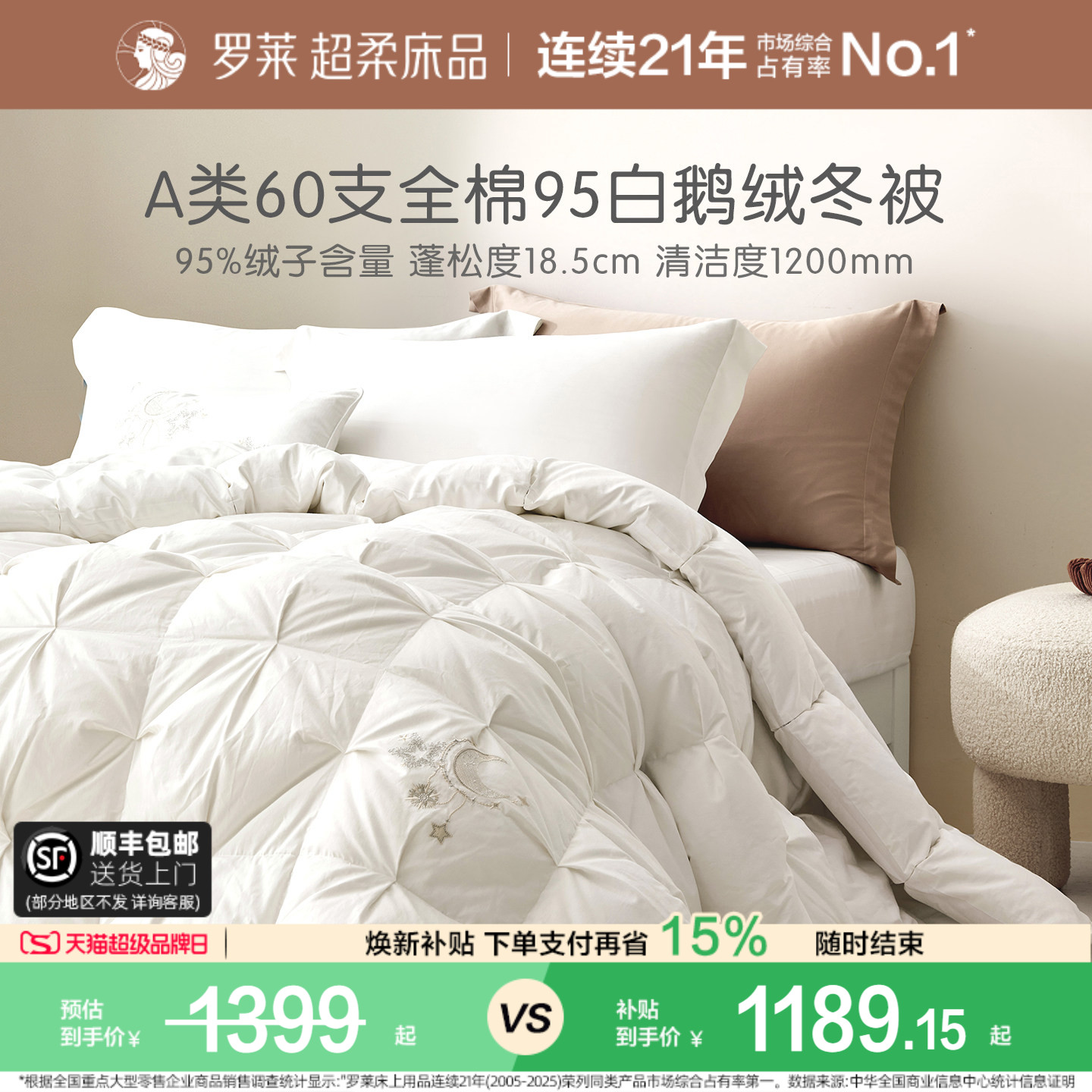 罗莱60支全棉白鹅绒冬被加厚保暖图片